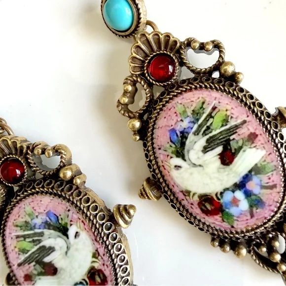 Vintage Style Dove Bird Baroque Earrings Micro Mosaic Style Floral Ornate NEW - Picture 11 of 13